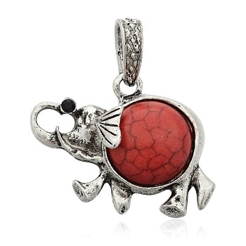 Elephant Antique Silver Plated Alloy Dyed Synthetic Turquoise Pendants, with Rhinestones, Red, 23.5x32x6mm, Hole: 5x7mm
