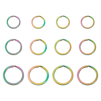 18Pcs 3 Style Ion Plating(IP) Rainbow Color 304 Stainless Steel Split Key Rings, Keychain Clasp Findings, Round Ring, 20~30x2mm, 6pcs/style