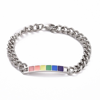 Rainbow Pride Bracelet, Enamel Rectangle Bar Link Bracelet for Men Women, Platinum & Stainless Steel Color, 8-3/4 inch(22.3cm)
