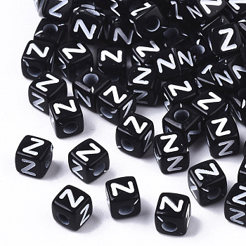 Opaque Acrylic Beads, Horizontal Hole, Alphabet Style, Cube, Black & White, Letter.Z, 5x5x5mm, Hole: 2mm, about 5000pcs/500g