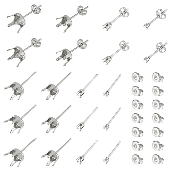 80Pcs 4 Style 304 Stainless Steel Stud Earring Settings, Prong Earring Settings, with 80Pcs Ear Nuts, Stainless Steel Color, 2~8mm, Pin: 0.8mm, Fit for 2~8mm Rhinestone