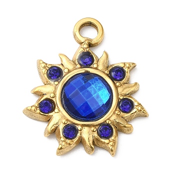 Real 18K Gold Plated 304 Stainless Steel Pendants, with Glass, Sun Charms, Blue, 24.5x20.5x5~6mm, Hole: 2.5mm