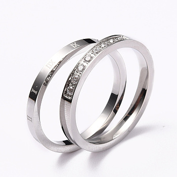 304 Stainless Steel Finger Rings Sets, with Clear Cubic Zirconia, Roman Numerals, Stainless Steel Color, US Size 6~9, Inner Diameter: 16~19mm, 2pcs/set