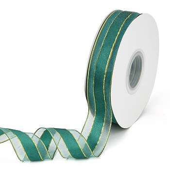 Solid Color Organza Ribbons, Golden Wired Edge Ribbon, for Party Decoration, Gift Packing, Dark Green, 1"(25mm), about 50yard/roll(45.72m/roll)
