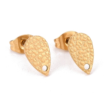 Ion Plating(IP) 304 Stainless Steel Stud Earring Findings, with Hole, Textured Teardrop, Golden, 10x6mm, Hole: 1mm, Pin: 0.8mm