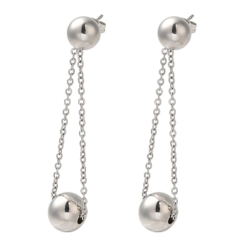 Non-Tarnish 304 Stainless Steel Stud Dangle Earrings, Round, Stainless Steel Color, 55x10mm