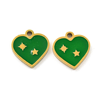 316 Surgical Stainless Steel Enamel Charms, Heart with Star Charm, Golden, Green, 10x10x1.5mm, Hole: 1.2mm