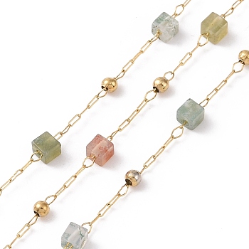 Natural Rose Quartz Square Beaded Chains, with Golden 304 Stainless Steel Findings, Unwelded, 2~3x2~2.5x2~2.5mm