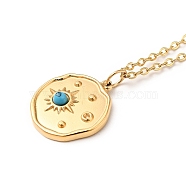 Synthetic Turquoise Pendant Necklace, Gold Plated 304 Stainless Steel Jewelry for Men Women, Round Pattern, Pendant: 17x15x3.5mm, 17.64 inch(44.8cm)(G-I333-08B)