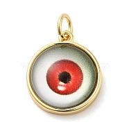 Real 18K Gold Plated Brass Pendants, with Acrylic and Jump Ring, Flat Round with Evil Eye Charms, Red, 16x14x5.5mm, Hole: 3.4mm(KK-A198-03G-05)
