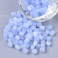 6/0 Transparent Glass Seed Beads, Frosted AB Colours, Square Hole, Cube, Cornflower Blue, 6/0, 3~5x3~4x3~4mm, Hole: 1.2~1.4mm, about 4500pcs/bag(SEED-S027-03B-10)