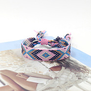 Polyester Braided Rhombus Pattern Cord Bracelet, Ethnic Tribal Adjustable Brazilian Bracelet for Women, Pearl Pink, 5-7/8 inch(15cm)(FIND-PW0013-004A-16)