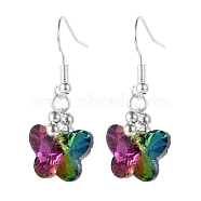 Platinum Tone Brass Butterfly Electroplate Glass Beads Dangle Earrings, Colorful, 36mm, Pin: 0.6mm(EJEW-JE01950-04)