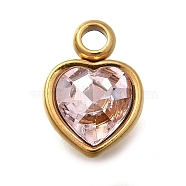 304 Stainless Steel with Rhinestone Pendants, Ion Plating(IP), Heart, Light Peach, 9.5x6.5x4.5mm, Hole: 1.6mm(STAS-Q346-01G-01)