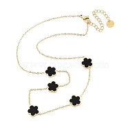 Golden 304 Stainless Steel Necklace, Resin Flower Necklaces, Black, 15.67~15.87 inch(39.8~40.3cm)(NJEW-K252-09G-03)