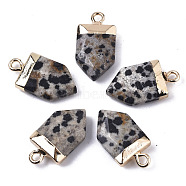 Natural Dalmatian Jasper Pointed Pendants, with Light Gold Plated Top and Brass Loop, Arrow, Faceted, 19x10.5x4.5mm, Hole: 1.8mm(G-N326-34D)