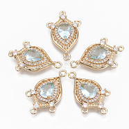 Glass Chandelier Component Links, with Brass Micro Pave Cubic Zirconia, Faceted, Horse Eye, Light Gold, Pale Turquoise, 25x16x5mm, Hole: 1.2mm(GLAA-T021-05F)