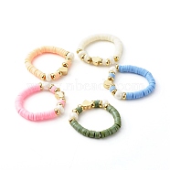 Handmade Polymer Clay Heishi Beaded Stretch Rings, with Glass Seed Beads and Brass Beads, Mixed Color, US Size 6 1/2(16.9mm), 3.5mm(RJEW-JR00363)