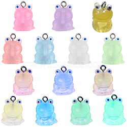 28Pcs 7 Colors Luminous Translucent Resin Pendants, Frog Charms, with Platinum Tone Iron Loops, Glow in the Dark, Mixed Color, 18x14.5x14.5mm, Hole: 2mm, 4pcs/color(RESI-SC0002-88)
