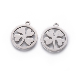 201 Stainless Steel Pendants, Manual Polishing, Ring with Clover, Stainless Steel Color, 17x16x1.5mm, Hole: 1.2mm(STAS-F231-072P)