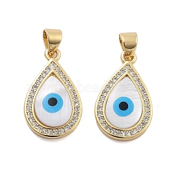 Brass Pave Cubic Zirconia With Shell And Enamel Pendants, Teardrop with Evil Eye, Teardrop, 20x12x3mm, Hole: 5mm(KK-U009-07G)