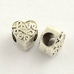 Tibetan Style Zinc Alloy European Large Hole Beads, Heart, Antique Silver, 10x10x8mm, Hole: 5mm(X-MPDL-R035-038)