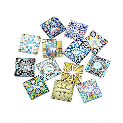 Printed Glass Flat Back Cabochons, Square, Geometric Flower Theme, Mixed Color, 25x25x6.5mm(GGLA-Q055-25x25-01)