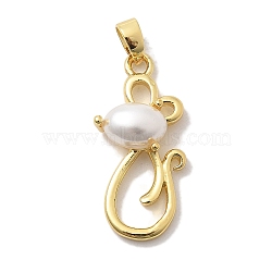 Rack Plating Brass Pendants, with ABS Imitation Pearl, Long-Lasting Plated, Lead Free & Cadmium Free, Real 18K Gold Plated, Mouse, 24.5x12x6.5mm, Hole: 4.5x2.5mm(KK-K293-24F-G)