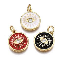Brass Micro Pave Clear Cubic Zirconia Pendants, with Enamel & Jump Rings, Nickel Free, Real 16K Gold Plated, Flat Round with Eye, Mixed Color, 15x12.5x2mm, Jump Ring: 5x1mm, Inner Diameter: 3mm(KK-Q769-010-NF)