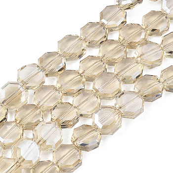 Electroplate Transparent Glass Beads Strands, Faceted, Octagon, Wheat, 7~8x7~8x4mm, Hole: 1.2mm, about 72pcs/strand, 20.47 inch(52cm)
