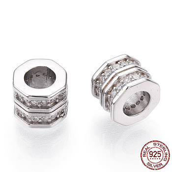 Rhodium Plated 925 Sterling Silver Micro Pave Cubic Zirconia Beads, Octagon Column, Nickel Free, Real Platinum Plated, 6.5x6.5x5.5mm, Hole: 3.5mm