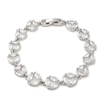 Clear Cubic Zirconia Flat Round Link Chain Bracelet, Brass Bracelet, Lead Free & Cadmium Free, Platinum, 7-1/8 inch(18cm)
