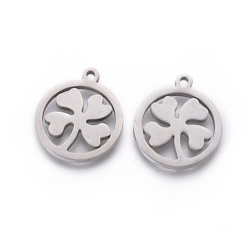 201 Stainless Steel Pendants, Manual Polishing, Ring with Clover, Stainless Steel Color, 17x16x1.5mm, Hole: 1.2mm