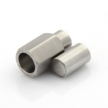 304 Stainless Steel Matte Surface Magnetic Clasps with Glue-in Ends, Hexagonal Prism, Stainless Steel Color, 20x9x8mm, Hole: 5mm