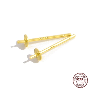 925 Sterling Silver Stud Earring Findings, for Half Drill Beads, with S925 Stamp, Real 18K Gold Plated, 13x3mm, Inner Diameter: 2.6mm, Pin: 11x0.7mm