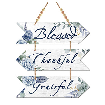 Wood Hanging Sings, Home Decorations, with 1M Jute Ropes and 10Pcs Wood Beads, Arrow with Positive Word Blessed Thankful grateful, Gainsboro, Sign: 300x8.5x5mm, 3pcs/set