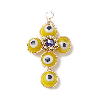 Brass Wire Wrapped Handmade Evil Eye Lampwork Pendants, with Glass Beads, Cross Charm, Yellow, 40x24x8.5mm, Hole: 3mm
