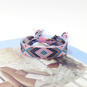 Polyester Braided Rhombus Pattern Cord Bracelet, Ethnic Tribal Adjustable Brazilian Bracelet for Women, Pearl Pink, 5-7/8 inch(15cm)
