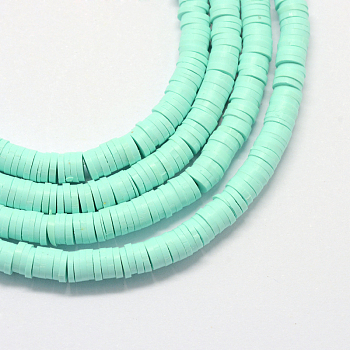 Handmade Polymer Clay Beads, Disc/Flat Round, Heishi Beads, Aquamarine, 3x1mm, Hole: 1mm, about 380~400pcs/strand, 17.7 inch