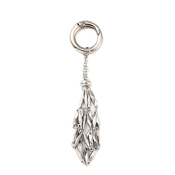 304 Stainless Steel Macrame Pouch Empty Stone Holder Pendant Decoration, with Alloy Spring Ring Clasps, Stainless Steel Color, 90mm