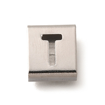 Letter Style 304 Stainless Steel Square Slide Charms, Letter T, 9x8x4mm, Hole: 3.5x8.5mm