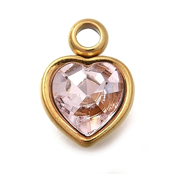 304 Stainless Steel with Rhinestone Pendants, Ion Plating(IP), Heart, Light Peach, 9.5x6.5x4.5mm, Hole: 1.6mm