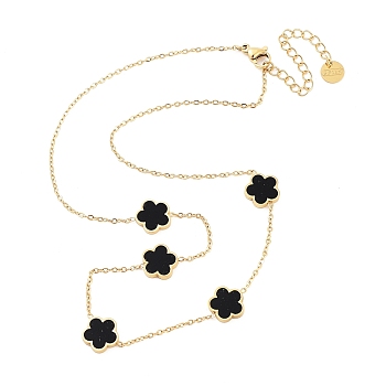 Golden 304 Stainless Steel Necklace, Resin Flower Necklaces, Black, 15.67~15.87 inch(39.8~40.3cm)