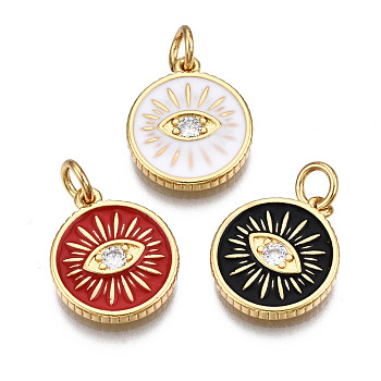 Brass Micro Pave Clear Cubic Zirconia Pendants, with Enamel & Jump Rings, Nickel Free, Real 16K Gold Plated, Flat Round with Eye, Mixed Color, 15x12.5x2mm, Jump Ring: 5x1mm, Inner Diameter: 3mm