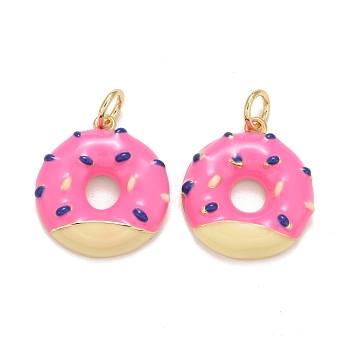 Brass Enamel Pendants, Real 18K Gold Plated, Long-Lasting Plated, Donut, Deep Pink, 18x16x3.3mm, Hole: 3.6mm