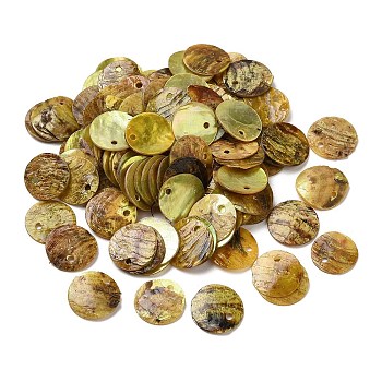 Spray Painted Natural Akoya Shell Charms, Mother of Shell, Flat Round Charms, Dark Khaki, 13x1.5mm, Hole: 1mm
