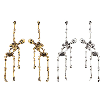 2 Pairs 2 Colors Alloy Skeleton Skull  Dangle Stud Earrings for Halloween, Mixed Color, 78.5mm, Pin: 0.8mm, 1 Pair/color
