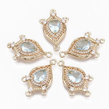 Glass Chandelier Component Links, with Brass Micro Pave Cubic Zirconia, Faceted, Horse Eye, Light Gold, Pale Turquoise, 25x16x5mm, Hole: 1.2mm