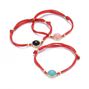 Adjustable Nylon Cord Bracelets, with Brass and Natural & Synthetic Mixed Stone Links and Brass Cube Beads, Lead Free & Cadmium Free, 8-1/4 inch~8-7/8 inch(21~23.5cm)
