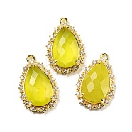Natural Korea Jade Faceted Pendants, Rack Plating Brass Pave Clear Cubic Zirconia Teardrop Charms, Golden, 23.5~24x15~15.5x6mm, Hole: 1.2mm(G-M431-13G-05)